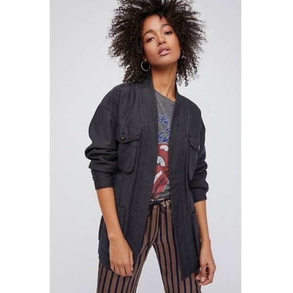 {EUC Free People In Our Nature Washed Black Tie Waist Cargo Jacket Medium} - Picture 1 of 13